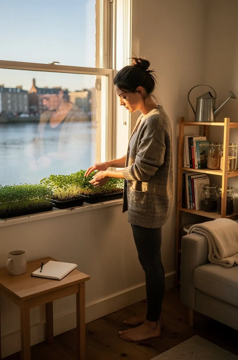 Varieties of microgreens thriving on a windowsill.