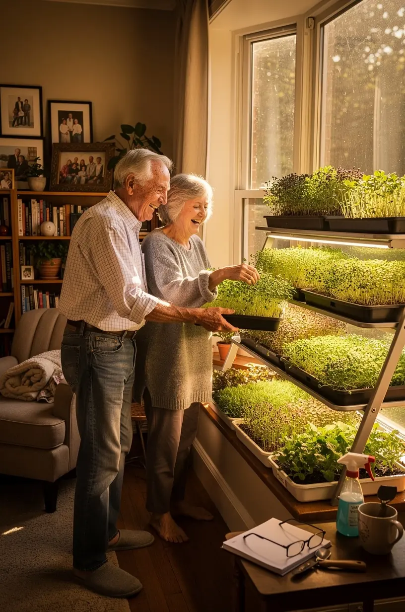 Watering microgreens on a sunny windowsill.